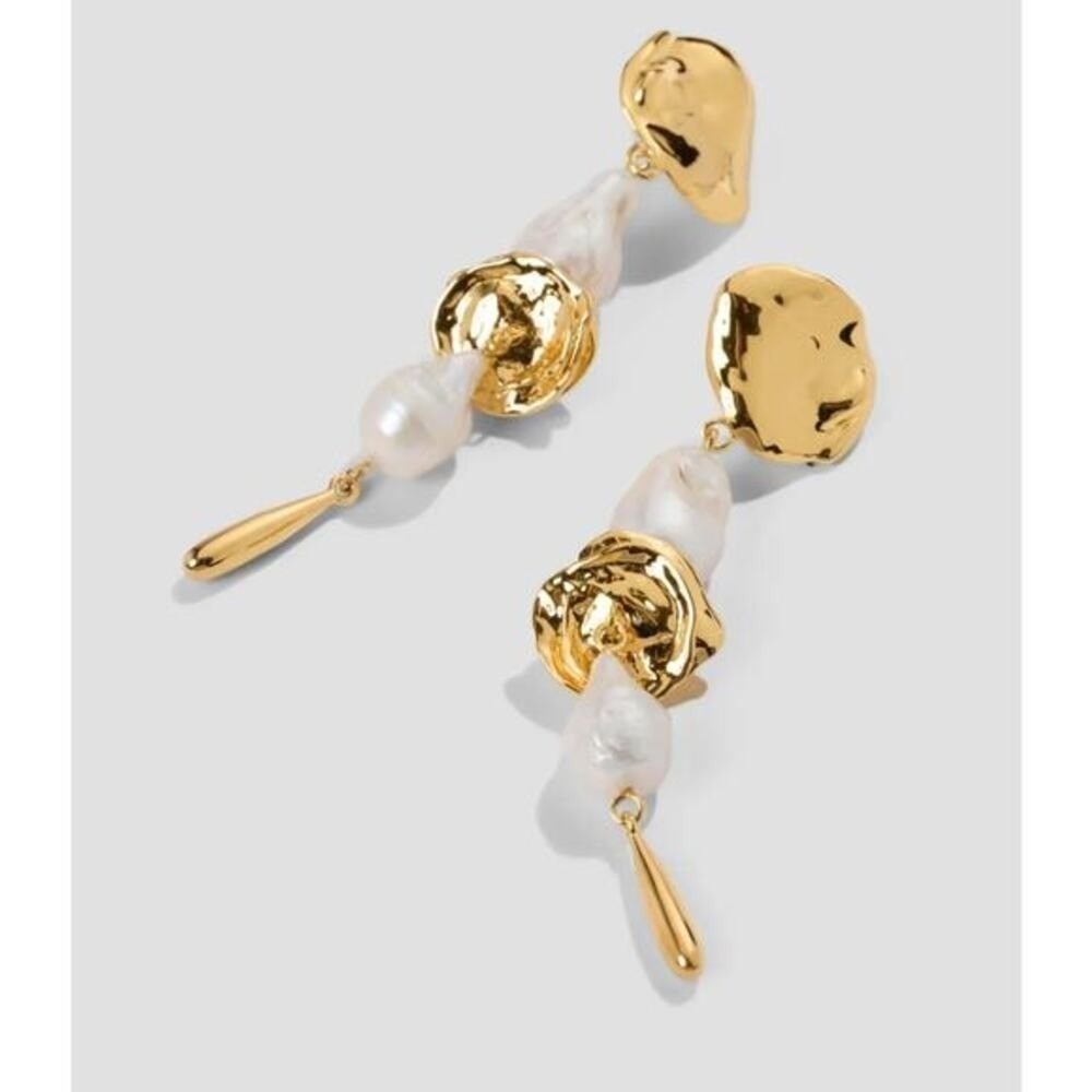 Lizzie Fortunato Gold Mine Statement Earrings Pearl 24K Gold Plated EUC